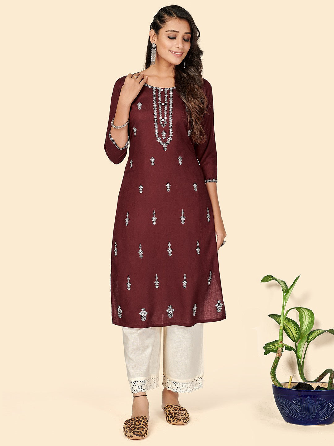 Maroon Embroidered Straight Rayon Kurta