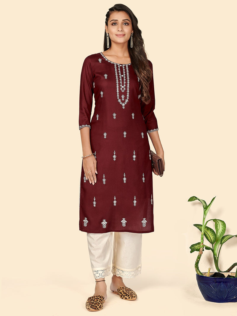 Maroon Embroidered Straight Rayon Kurta