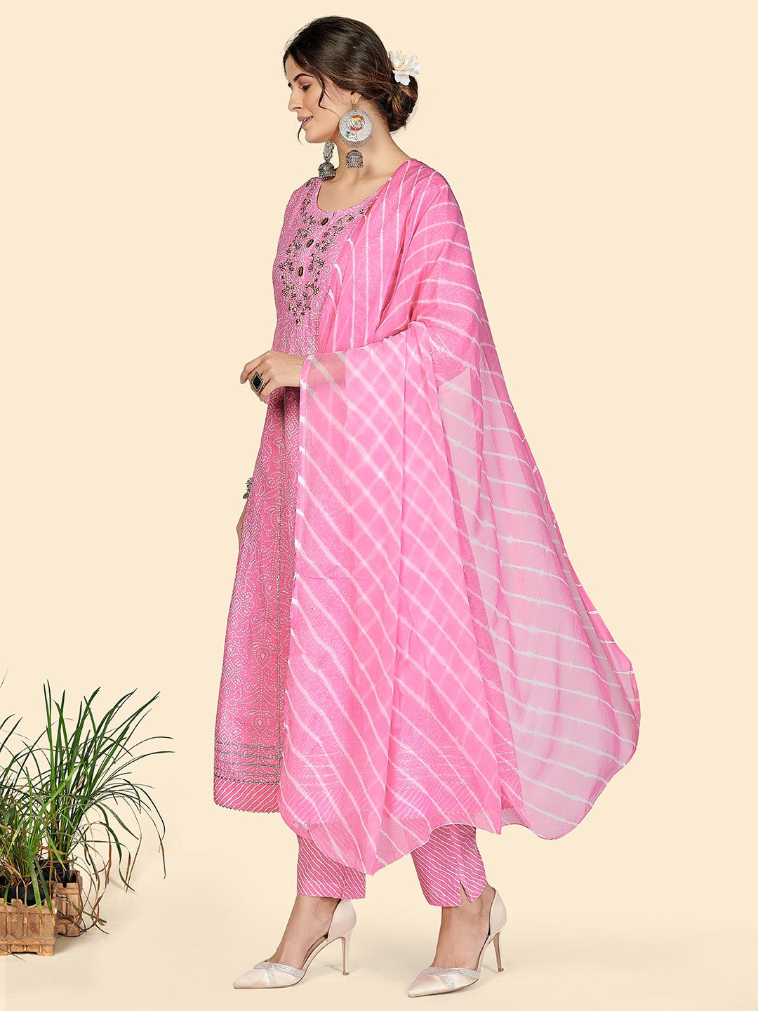 Baby Pink Embroidered Anarkali Cotton Kurta Set