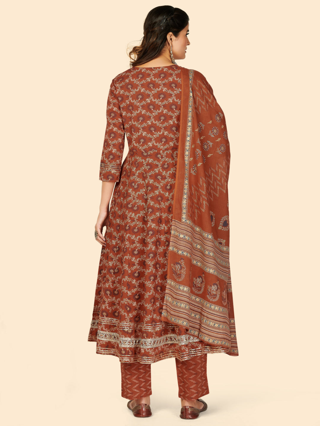 Orange Embroidered Anarkali Cotton Kurta Set