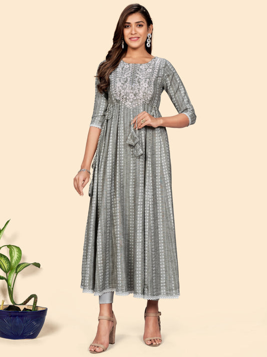 Pista Embroidered Anarkali Cotton Blend Kurta