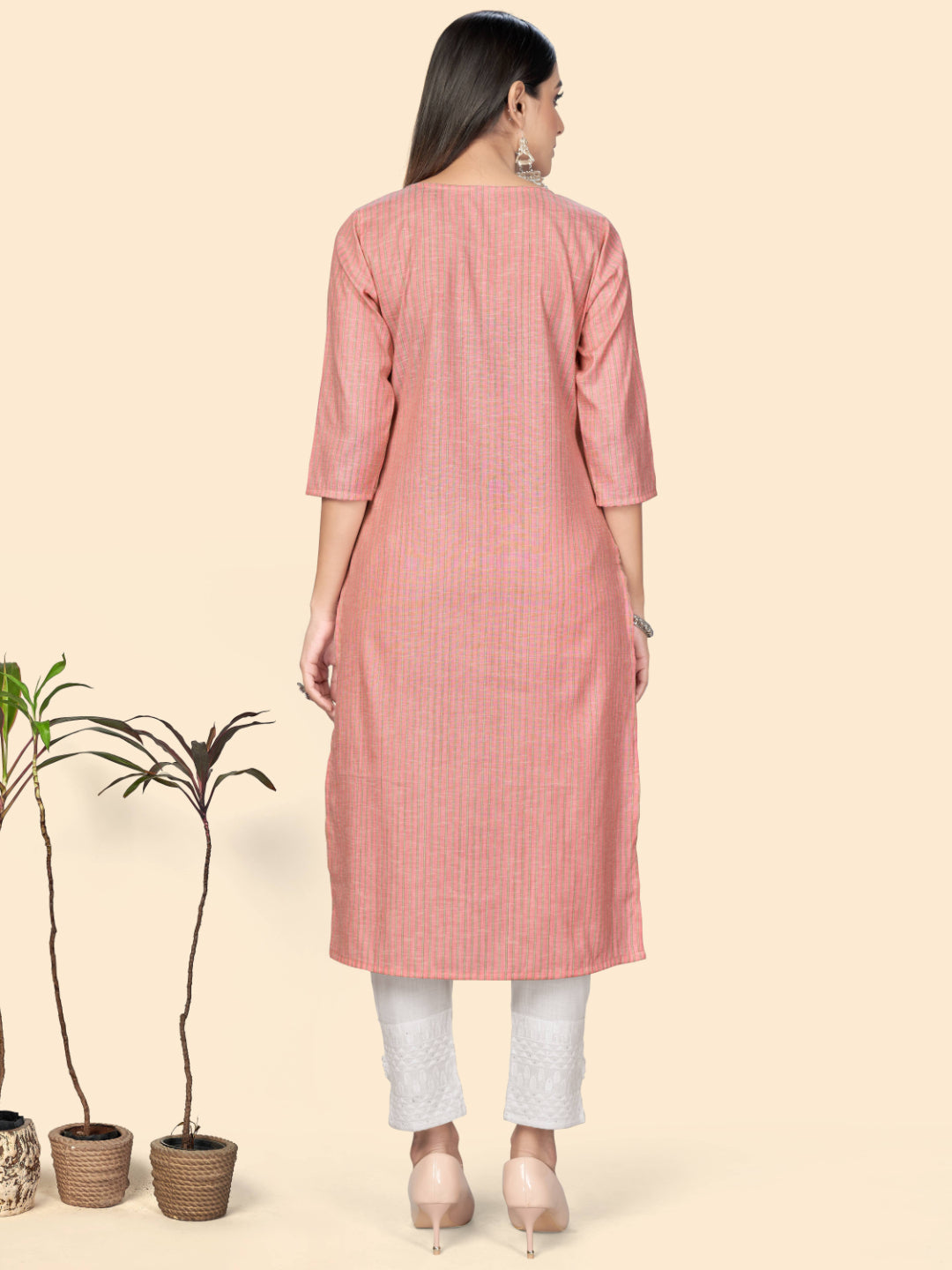 Pink Embroidered Straight Cotton Kurta