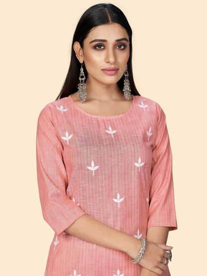 Pink Embroidered Straight Cotton Kurta