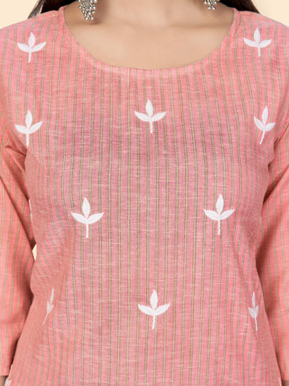 Pink Embroidered Straight Cotton Kurta
