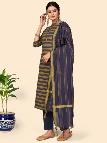 Blue Printed Straight Cotton Kurta Set