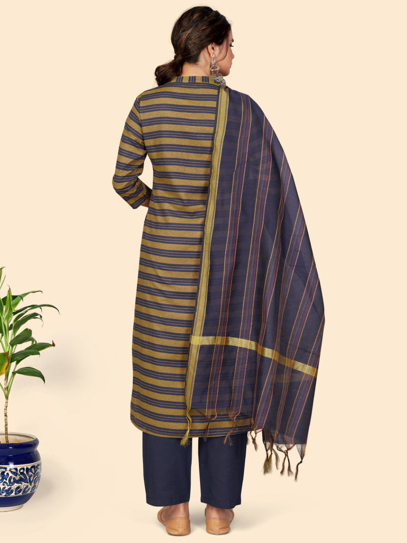 Blue Printed Straight Cotton Kurta Set