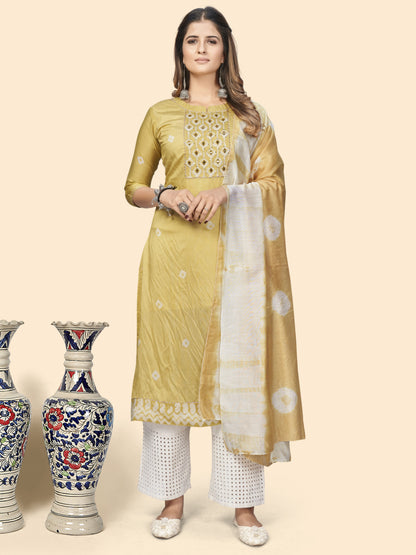 Yellow Embroidered Straight Chanderi Kurta Dupatta