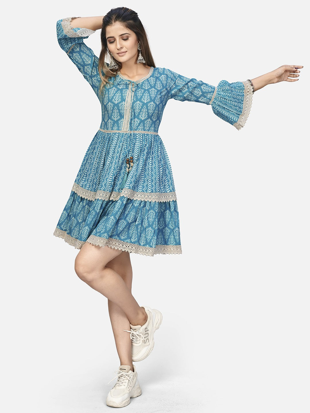 Sky Blue Embroidered Flared Cotton Dress