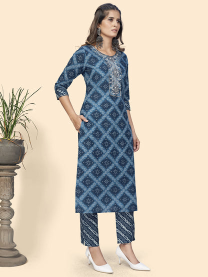 Blue Embroiderd Straight Cotton Kurta Set