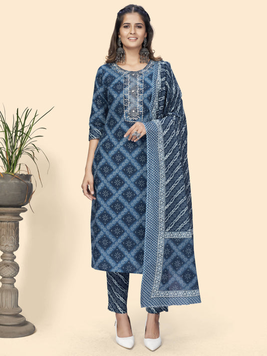 Blue Embroiderd Straight Cotton Kurta Set