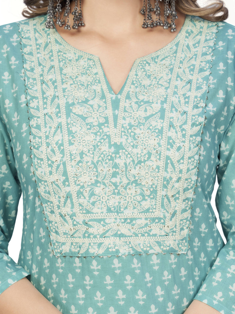 Turquoise Straight Cotton Kurta With Pant