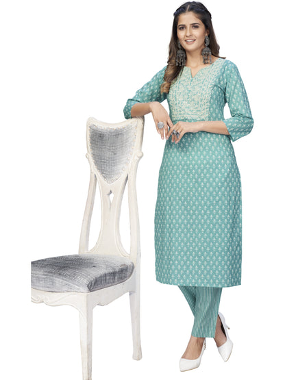 Turquoise Straight Cotton Kurta With Pant