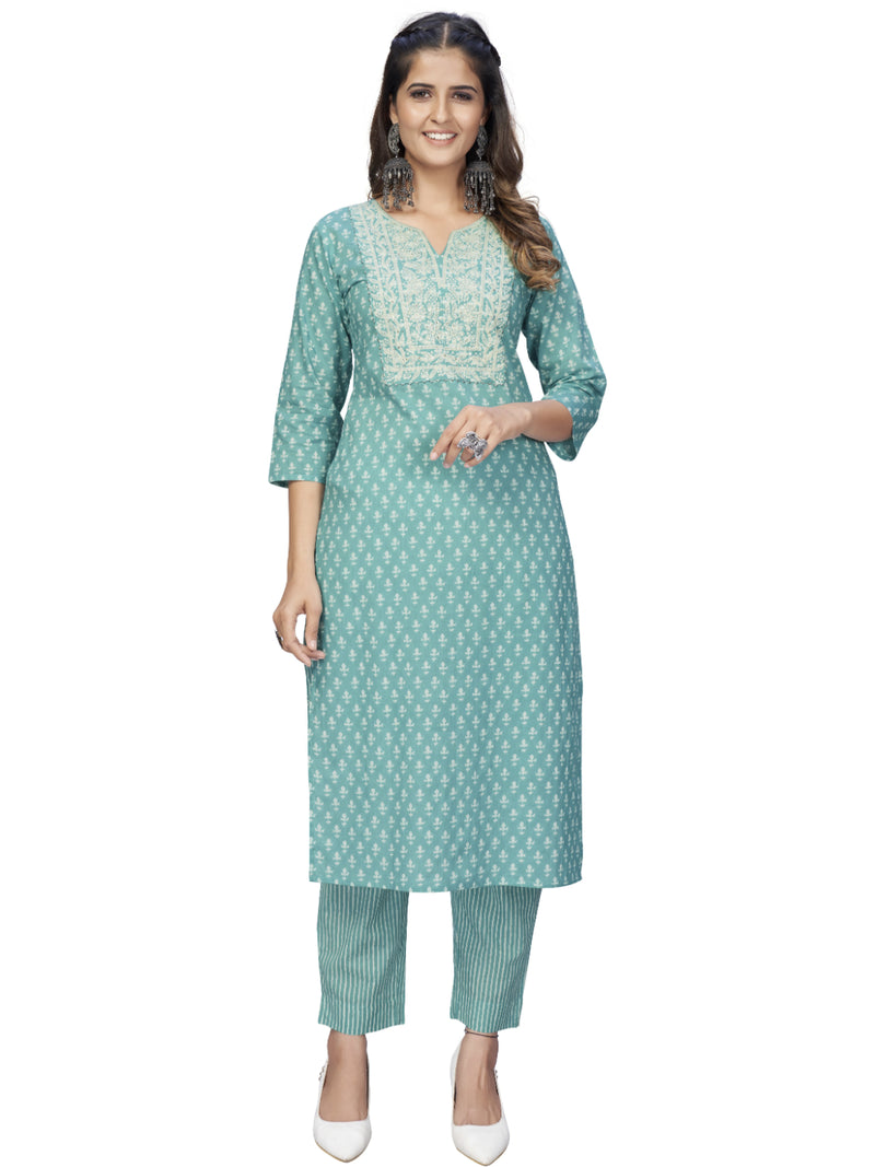 Turquoise Straight Cotton Kurta With Pant