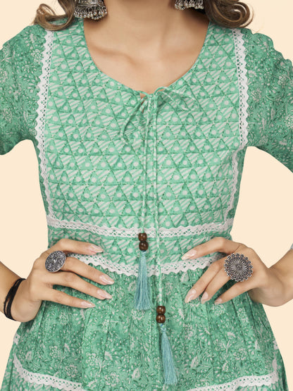 Turquoise Printed Flared Cotton Dress