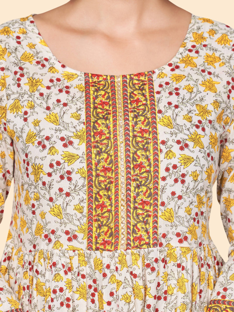 Yellow Printed Flared Cotton Dress
