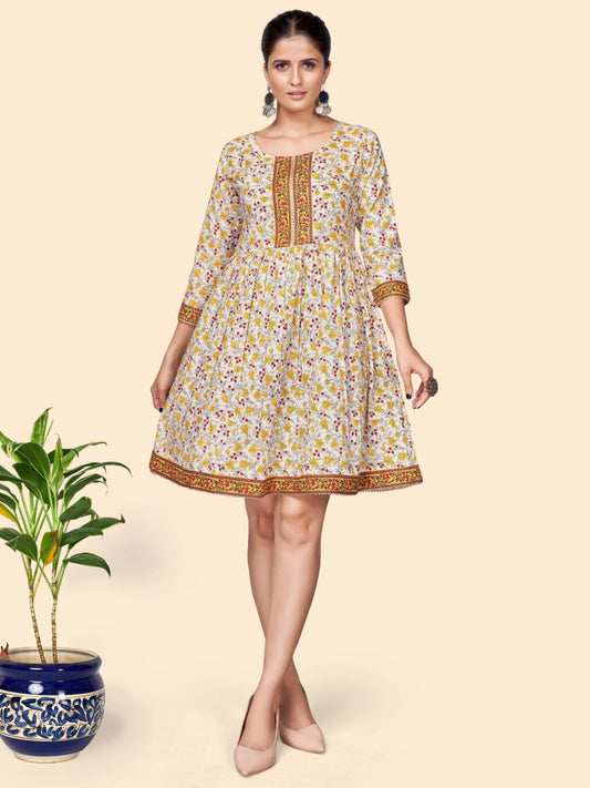 Yellow Printed Flared Cotton Dress