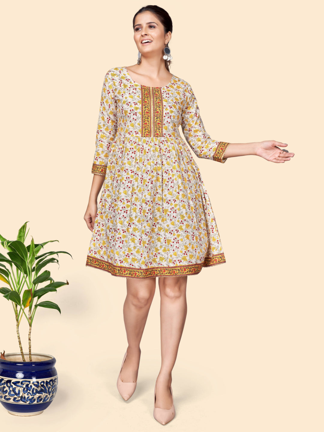 Yellow Printed Flared Cotton Dress