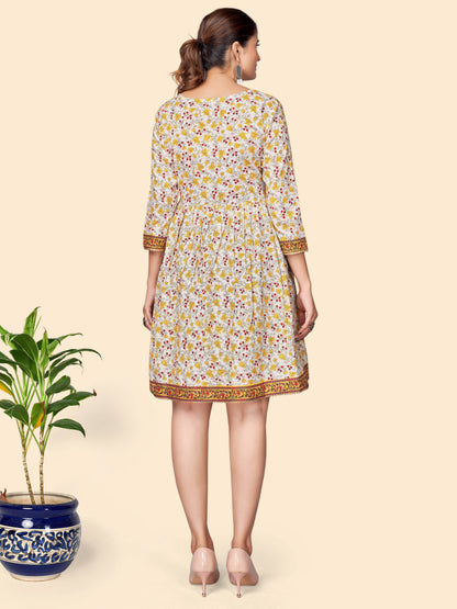 Yellow Printed Flared Cotton Dress