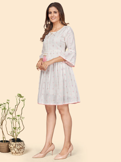 Off White Printed Flared Cotton Dress