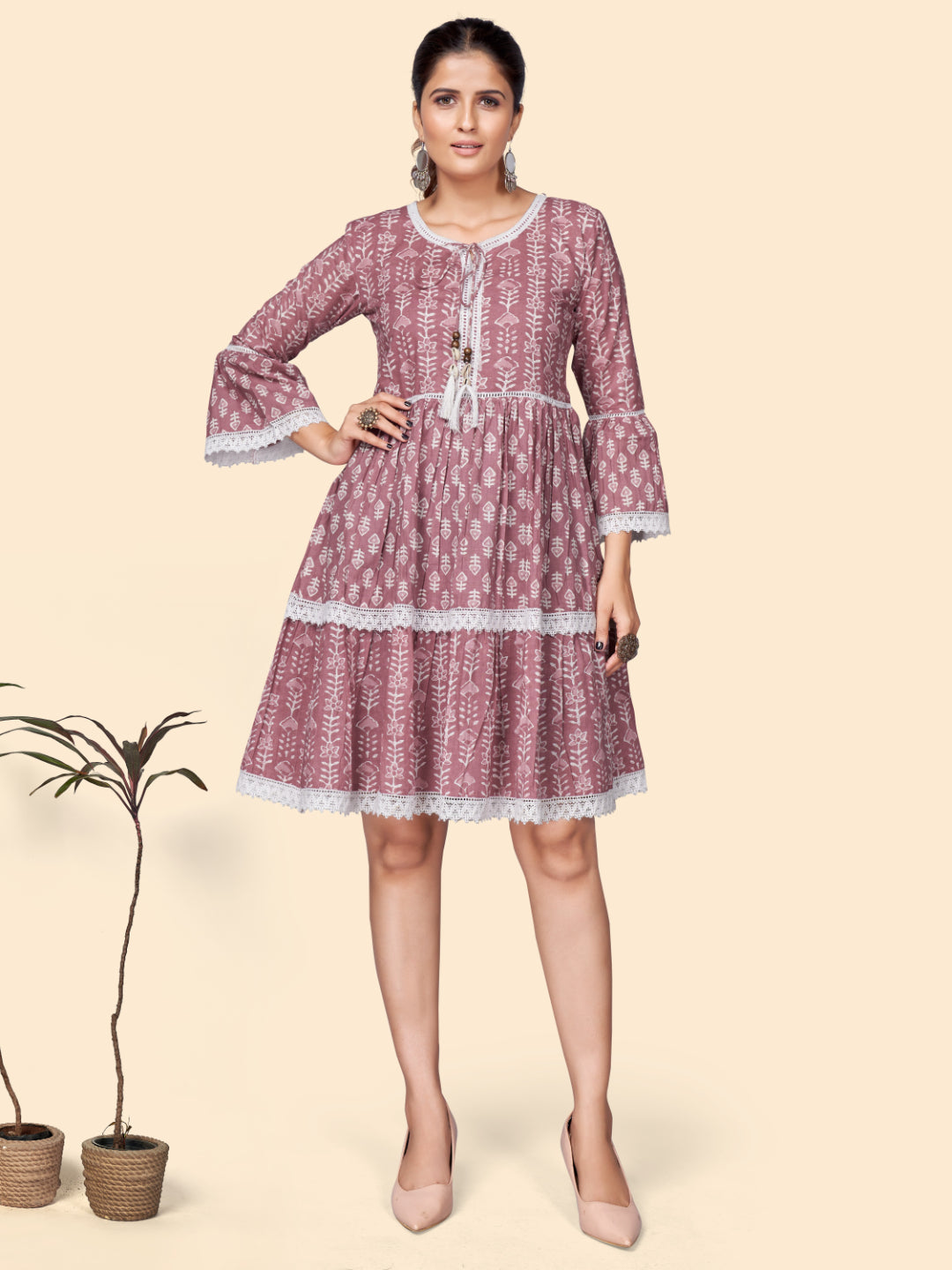 Pink Printed Flared Cotton Dress