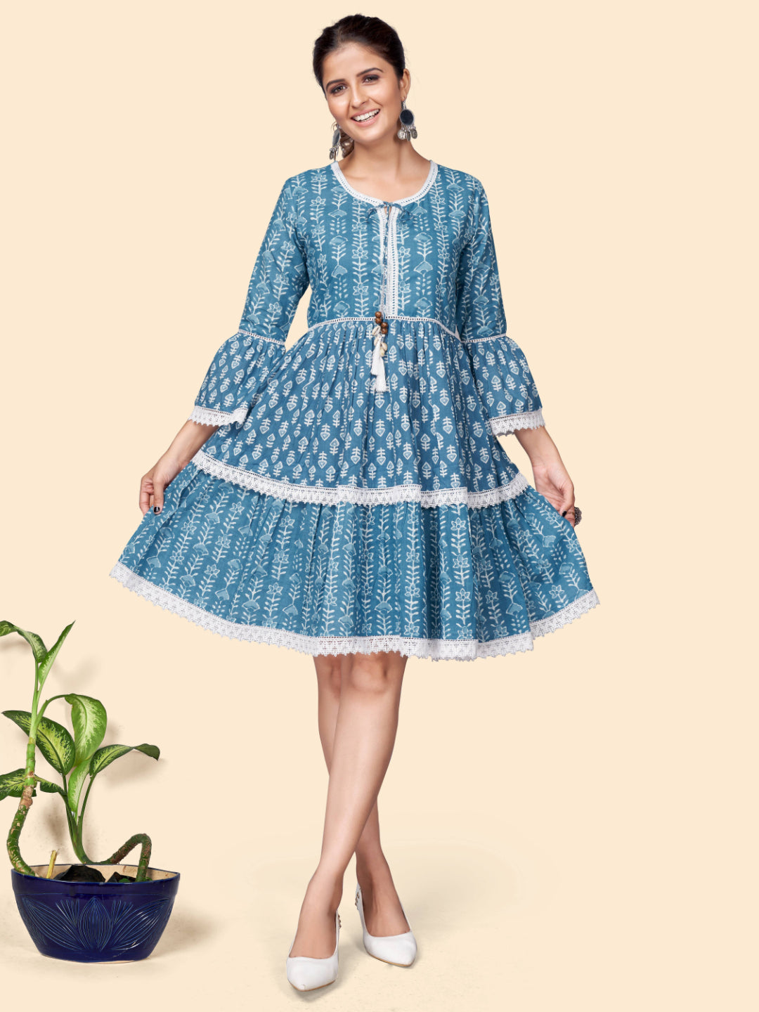 Blue Printed Flared Cotton Dress