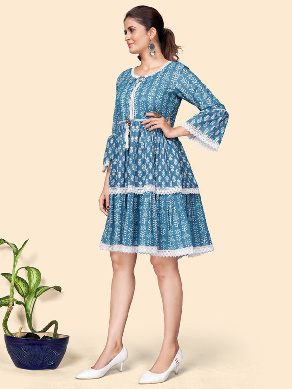 Blue Printed Flared Cotton Dress