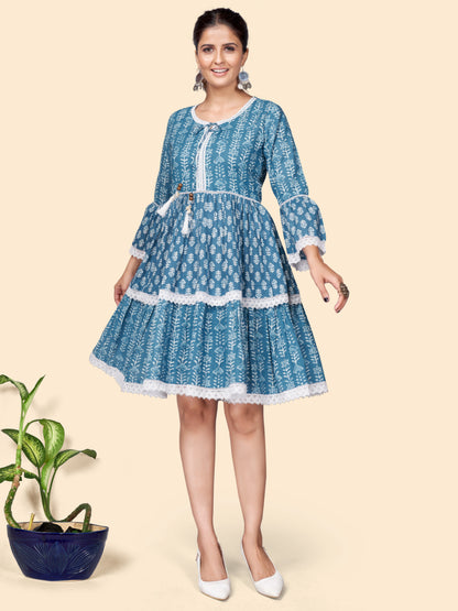 Blue Printed Flared Cotton Dress