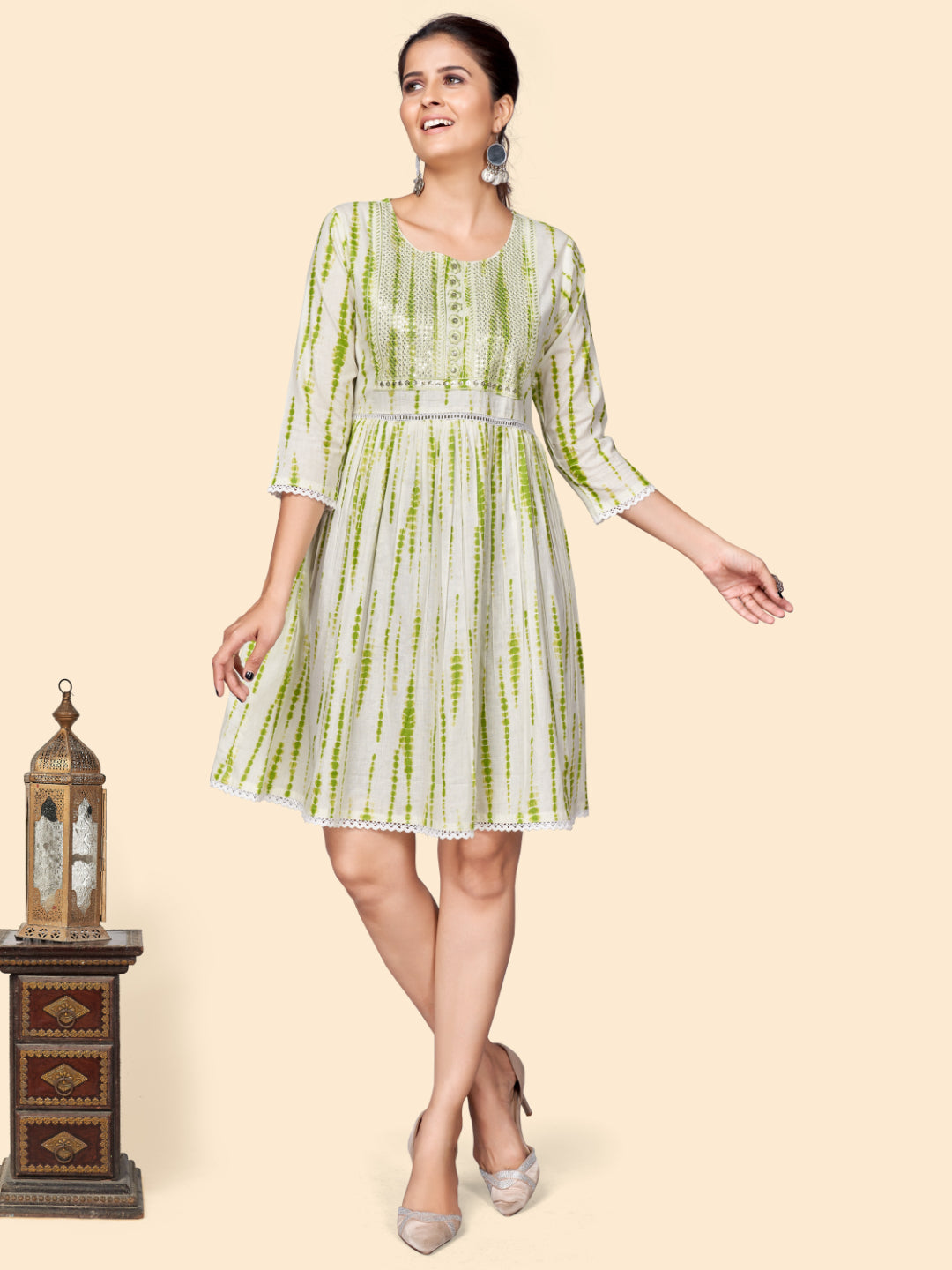 Green Embroidered Flared Cotton Dress