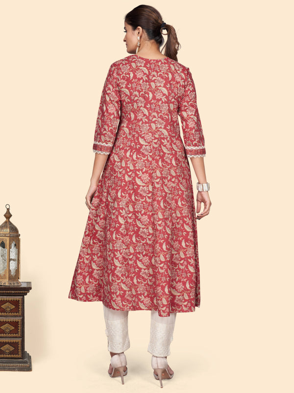 Red Printed A-Line Cotton Kurta