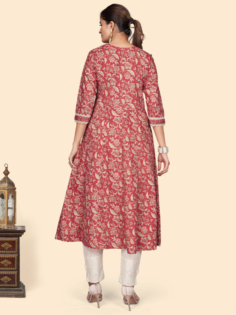 Red Printed A-Line Cotton Kurta