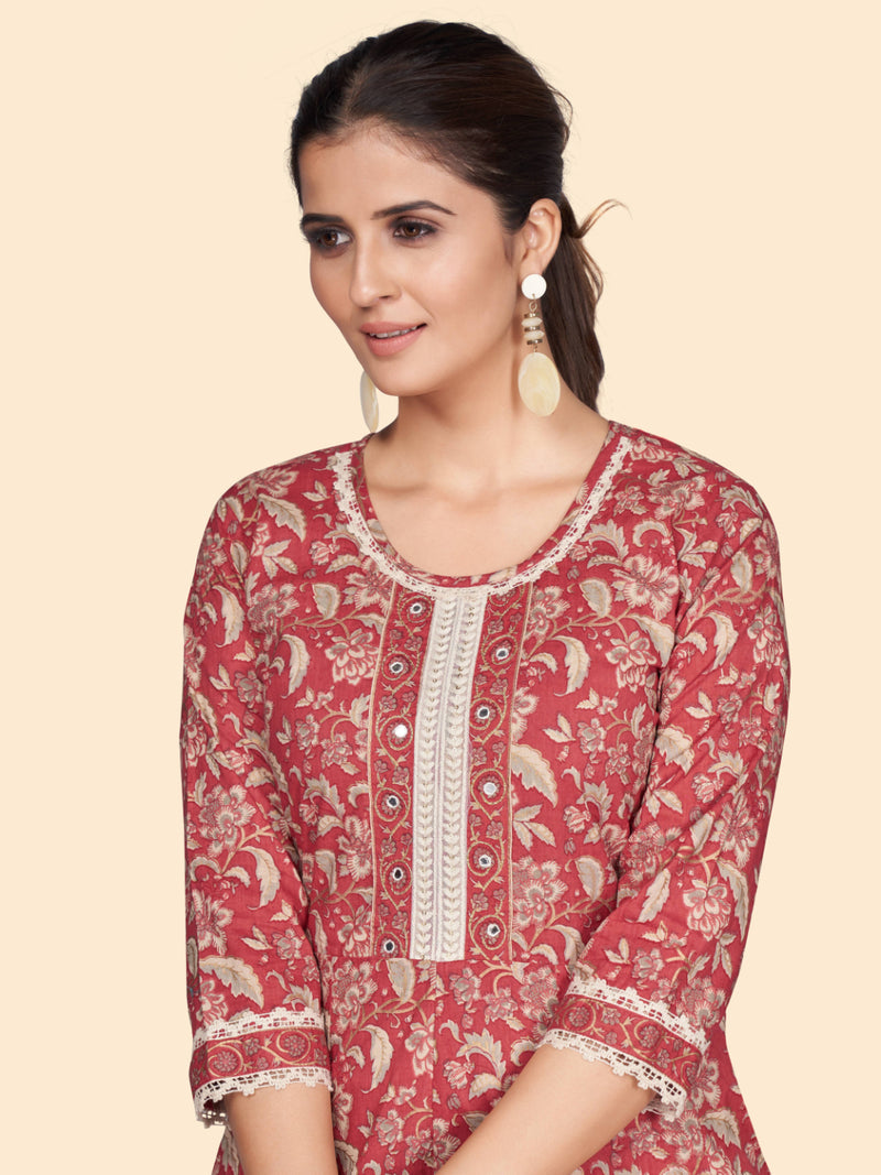 Red Printed A-Line Cotton Kurta