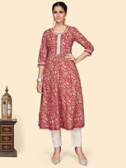 Red Printed A-Line Cotton Kurta