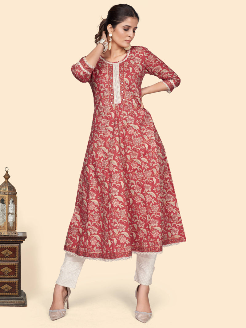 Red Printed A-Line Cotton Kurta