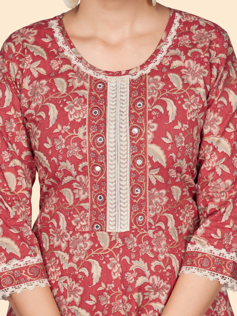 Red Printed A-Line Cotton Kurta