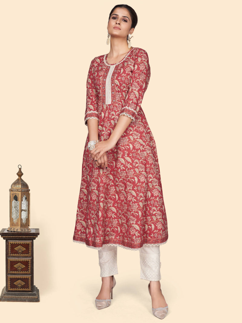 Red Printed A-Line Cotton Kurta