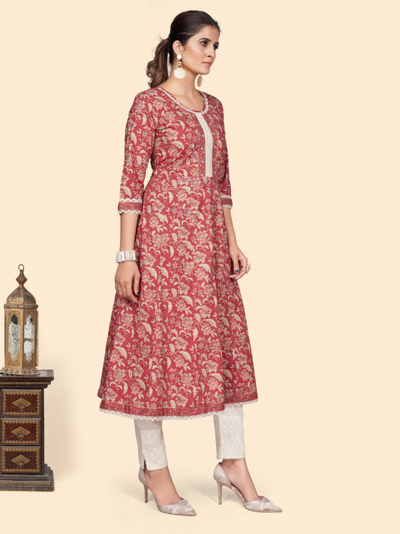 Red Printed A-Line Cotton Kurta