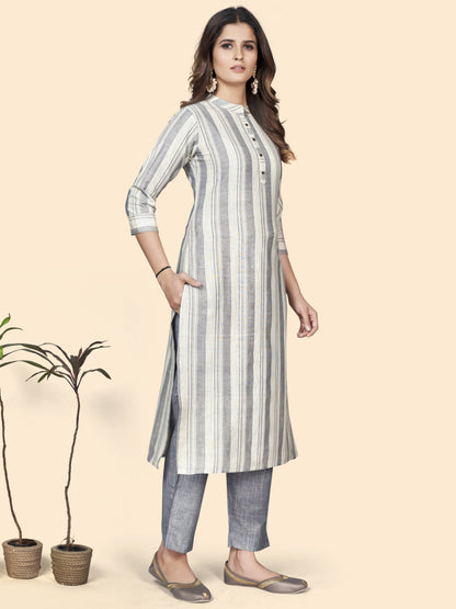 Grey Printed Straight Cotton Blend Kurta