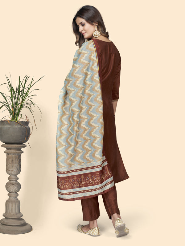 Brown Embroidered Straight Chinon Kurta Set