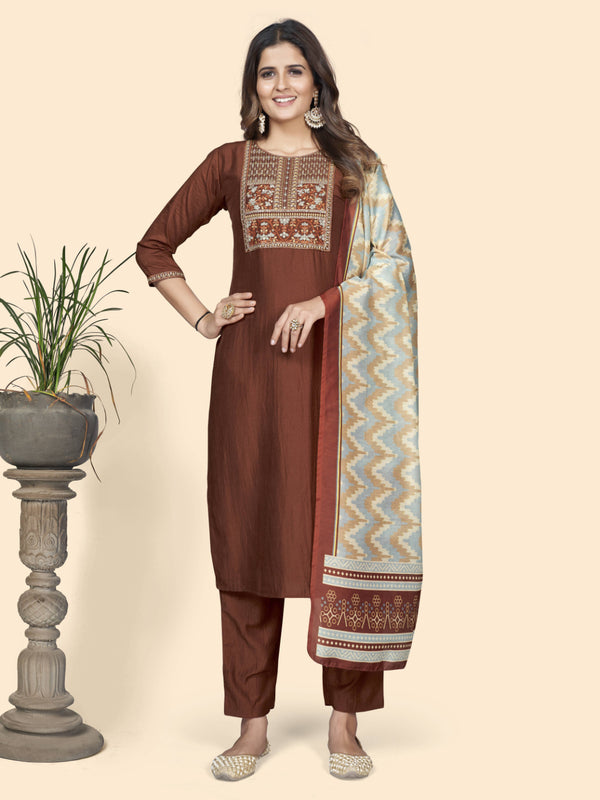 Brown Embroidered Straight Chinon Kurta Set