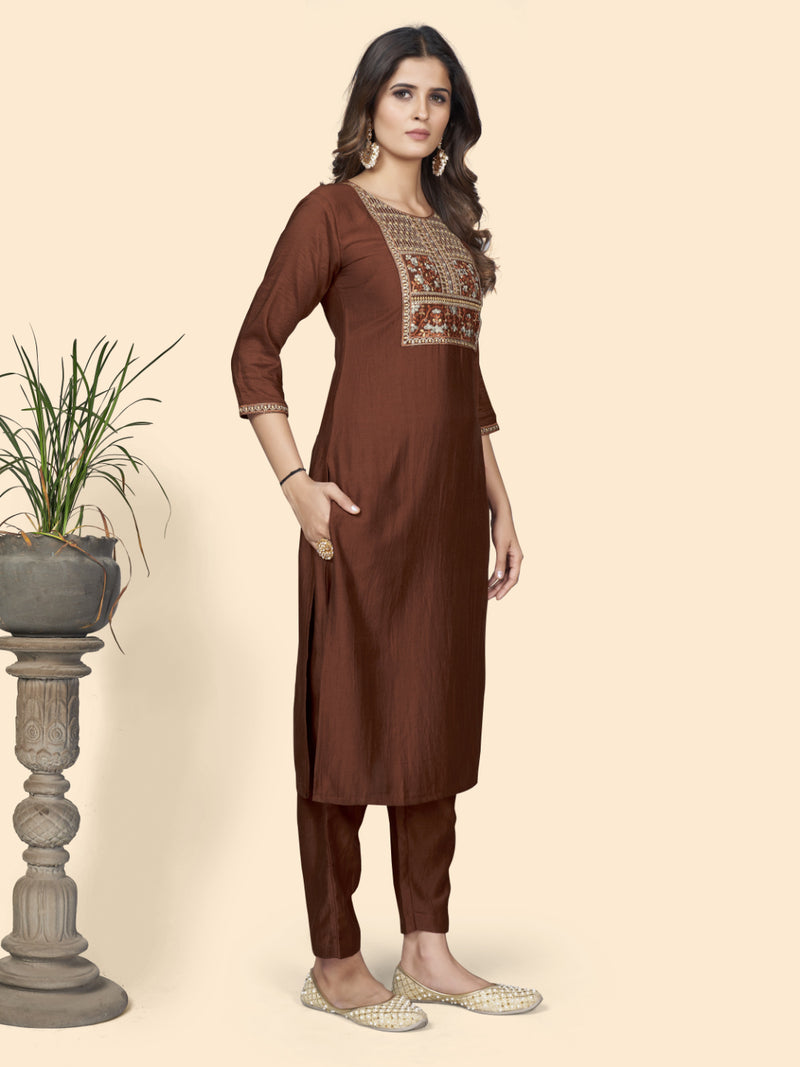 Brown Embroidered Straight Chinon Kurta Set