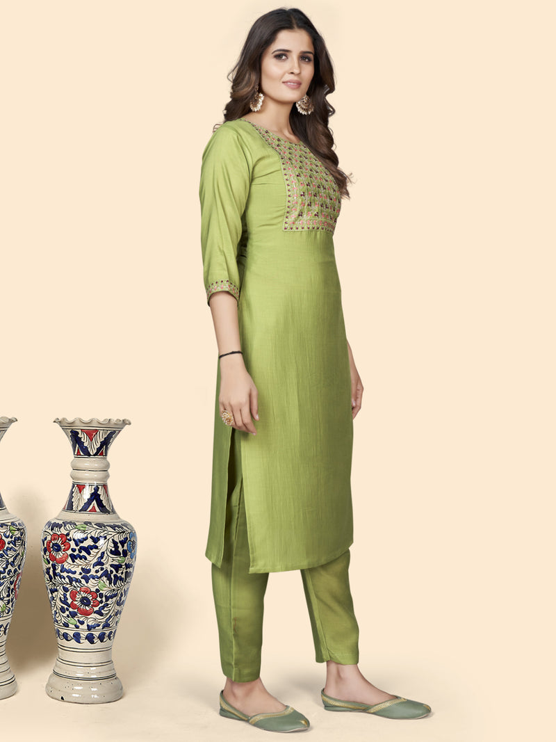 Pista Embroidered Straight Chinon Kurta Set