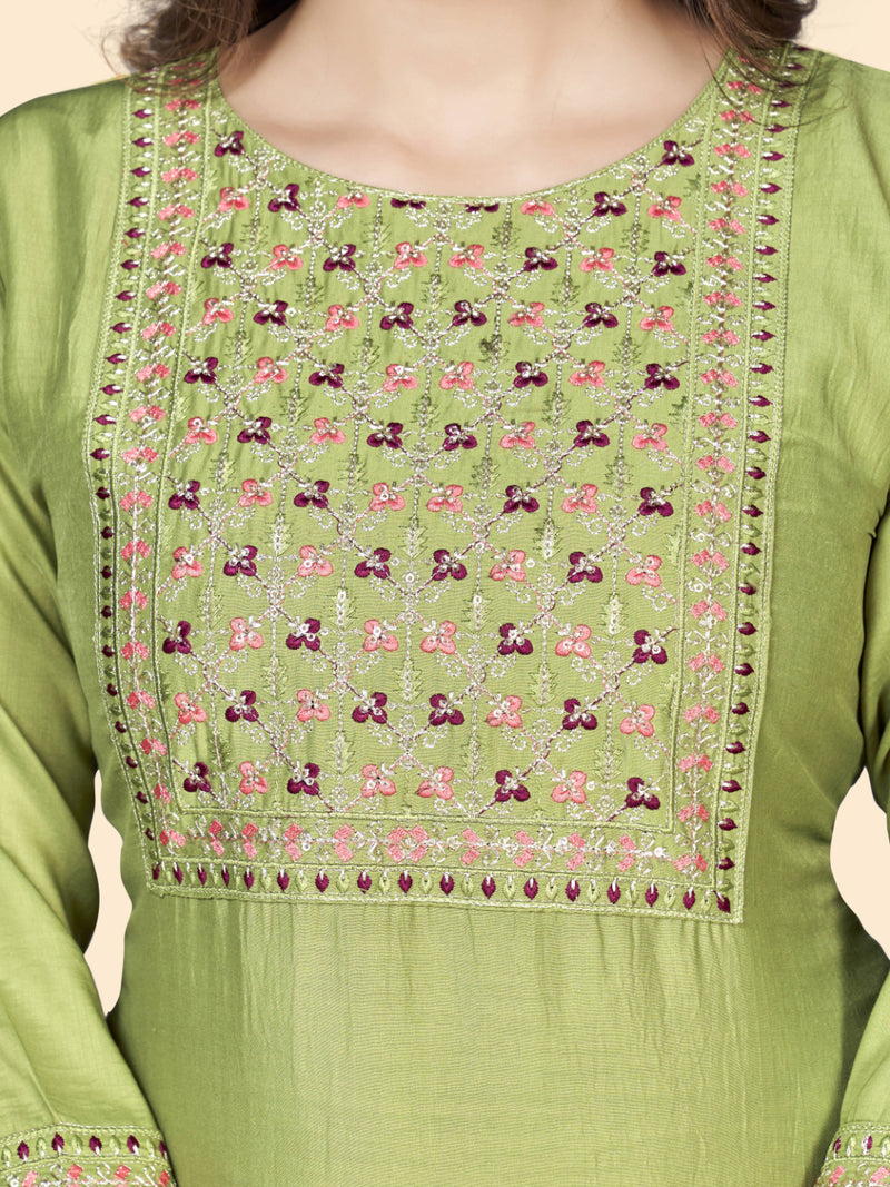 Pista Embroidered Straight Chinon Kurta