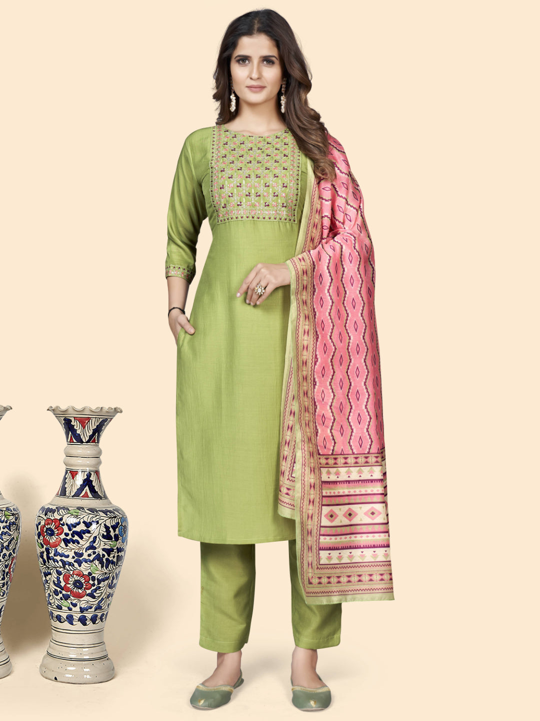 Pista Embroidered Straight Chinon Kurta Set