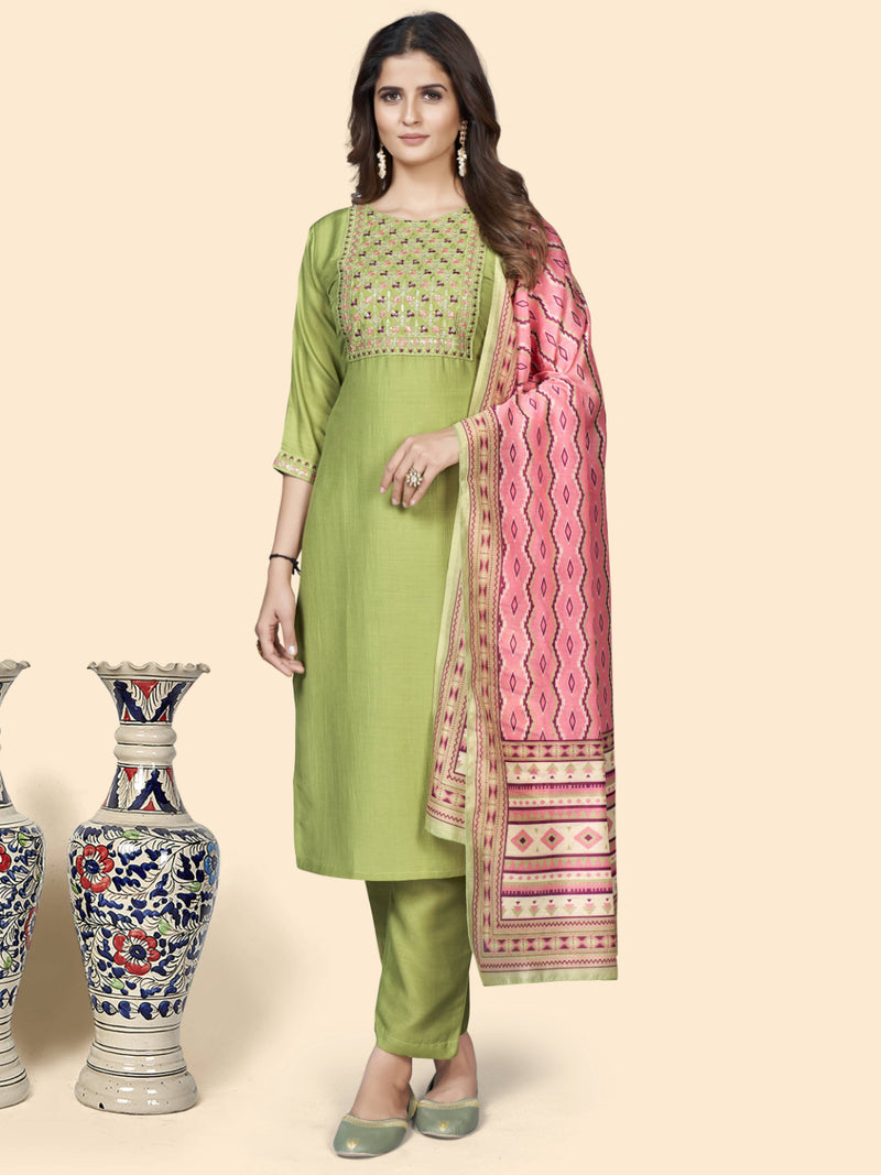 Pista Embroidered Straight Chinon Kurta Set