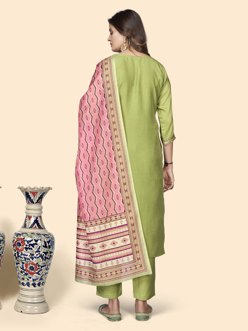 Pista Embroidered Straight Chinon Kurta Set