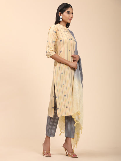 Yellow Printed Straight Cotton Blend Kurta Set