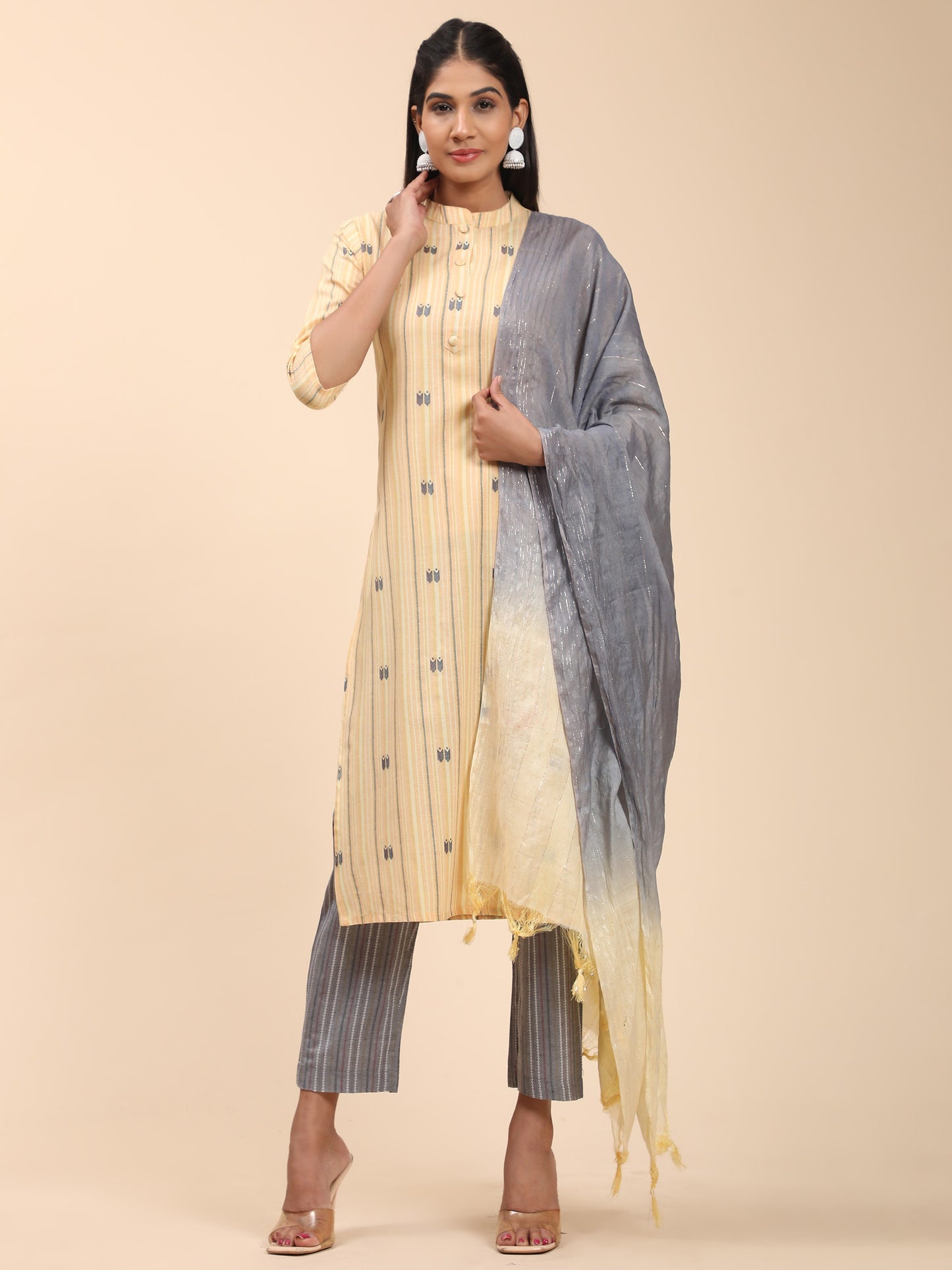 Yellow Printed Straight Cotton Blend Kurta Set