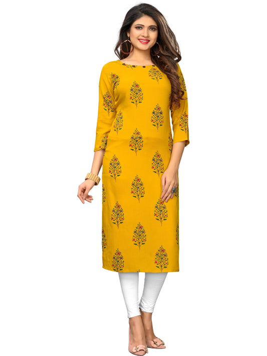 Yellow Printed Rayon Straight Kurti