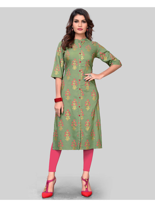 Light Green Printed Rayon Straight Kurti