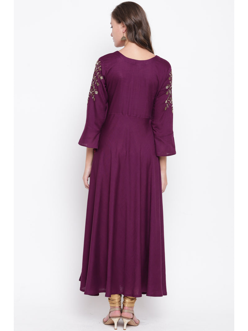 Purple Embellished Anarkali Rayon Dress